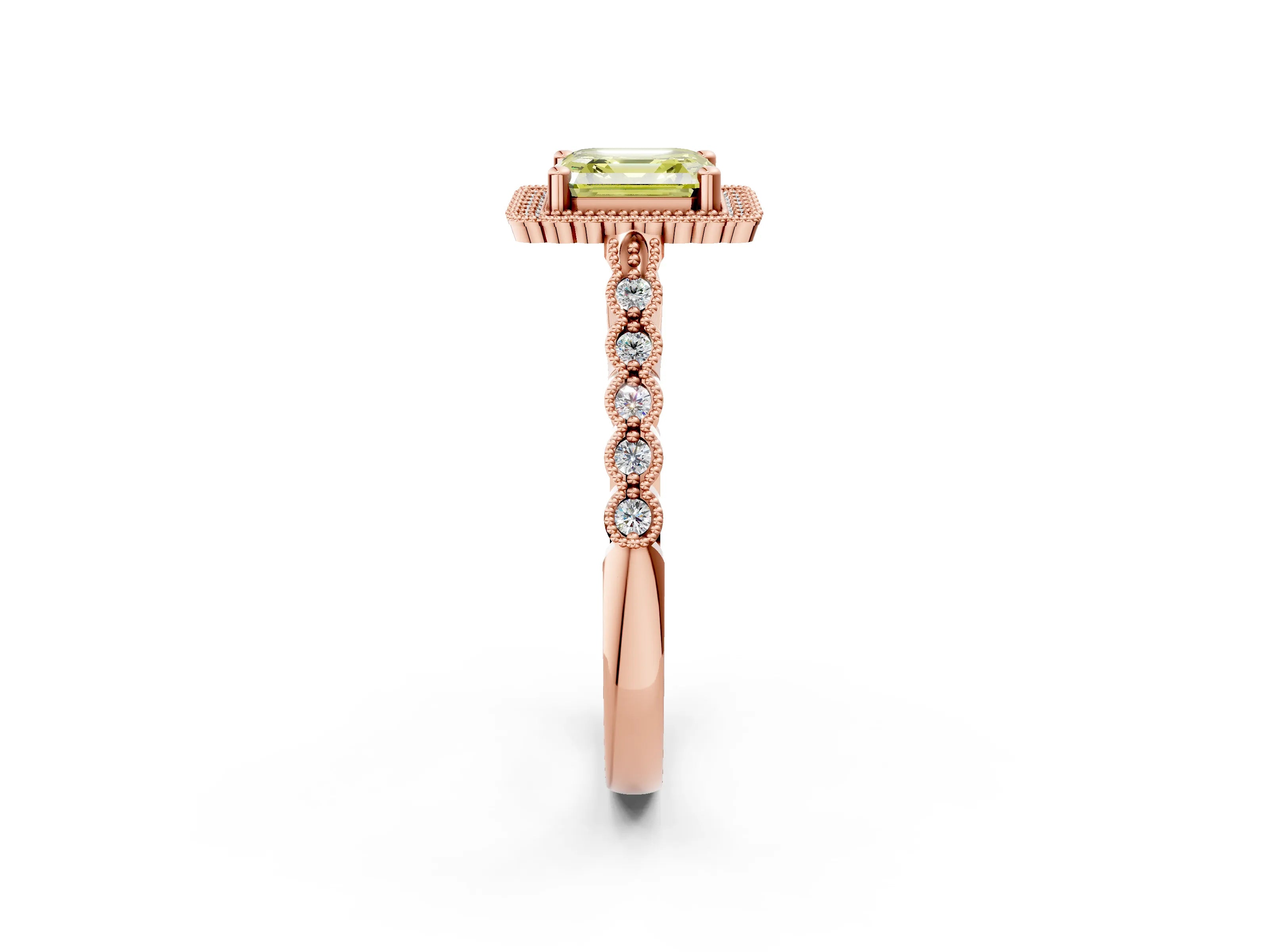 Rose gold Fancy Yellow Asscher Cut Cut Halo Pavé Solitaire Ring with Milgrain Band_2