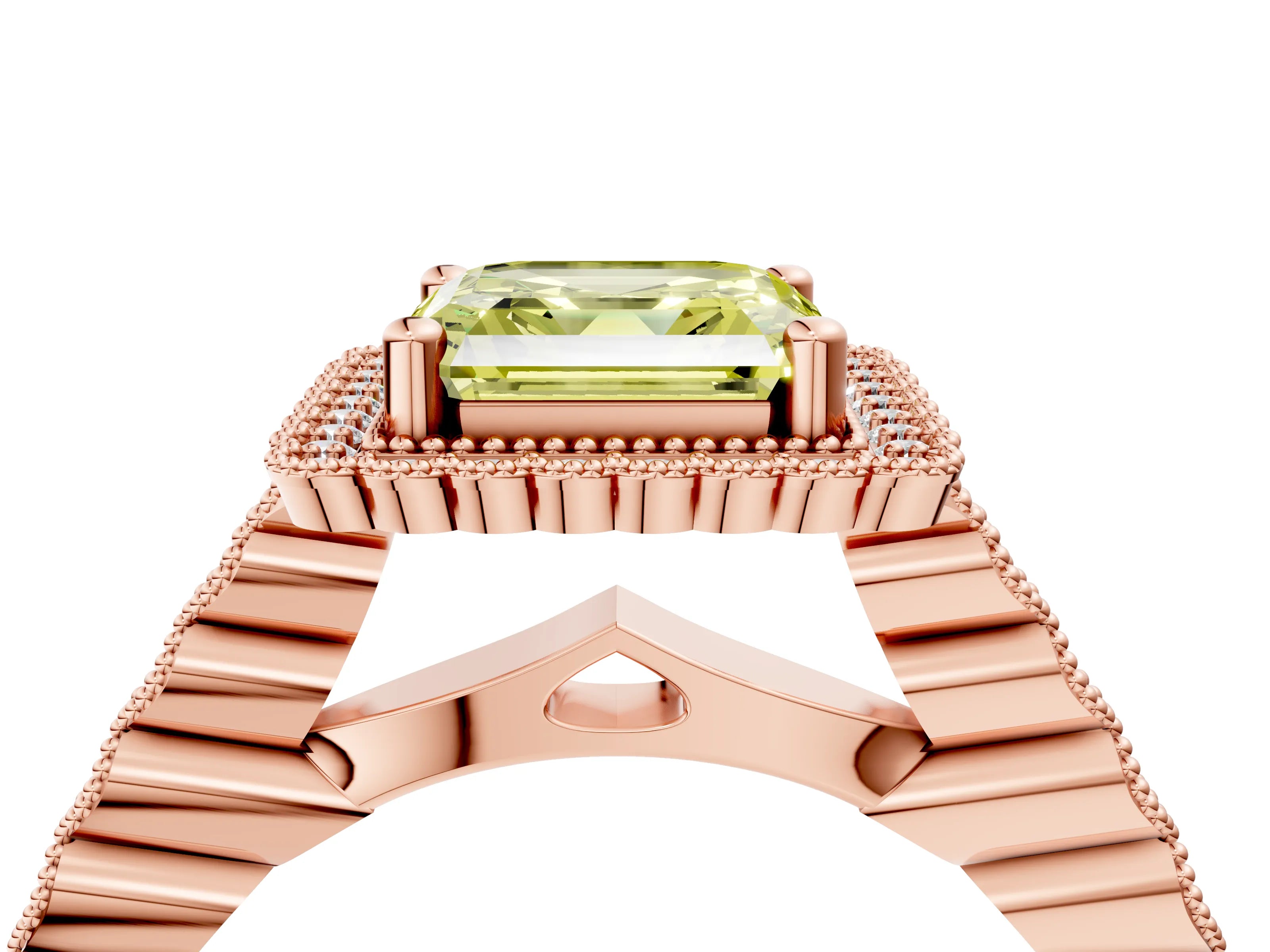 Rose gold Fancy Yellow Asscher Cut Cut Halo Pavé Solitaire Ring with Milgrain Band_4