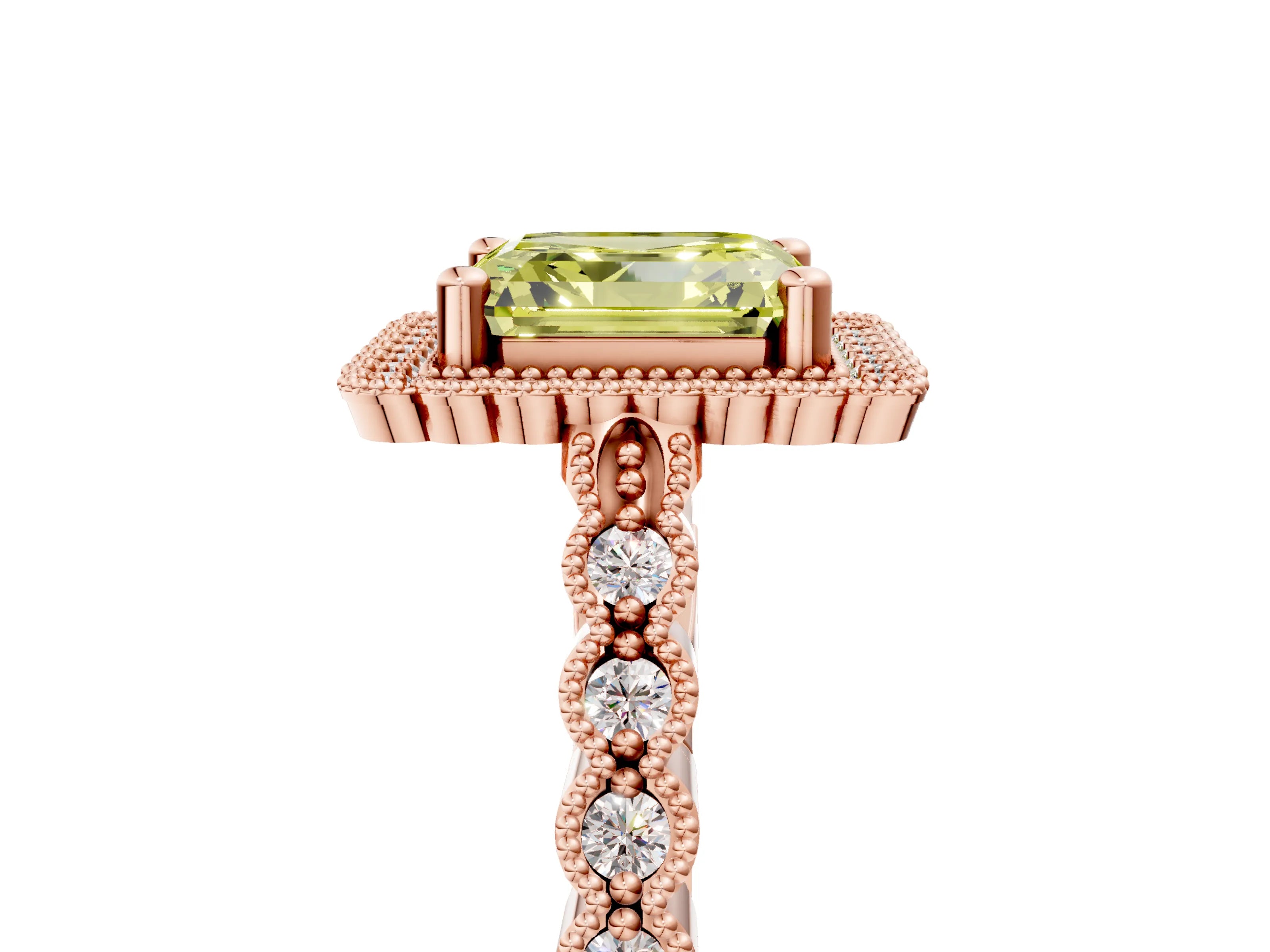 Rose gold Fancy Yellow Asscher Cut Cut Halo Pavé Solitaire Ring with Milgrain Band_5