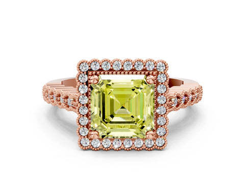 Rose gold Fancy Yellow Asscher Cut Cut Halo Pavé Solitaire Ring with Milgrain Band