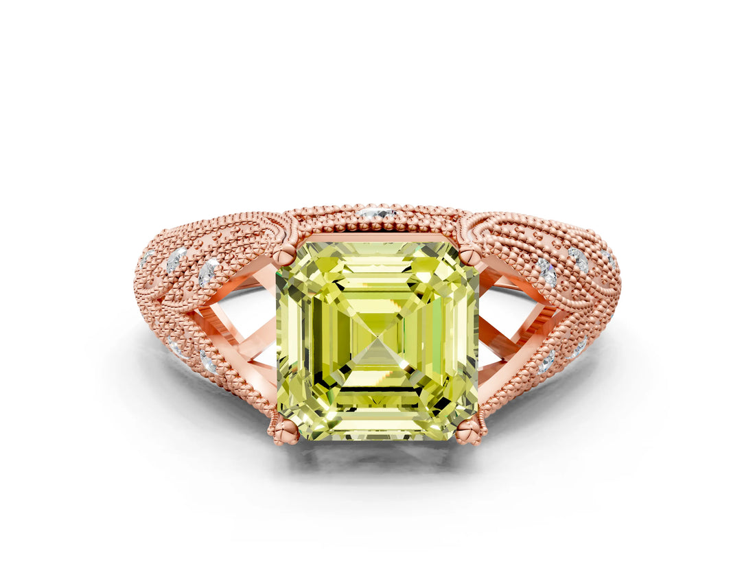 Rose gold Fancy Yellow Asscher Cut Cut Milgrain Pave Diamond Engagement Ring with Four-Prong Setting_15