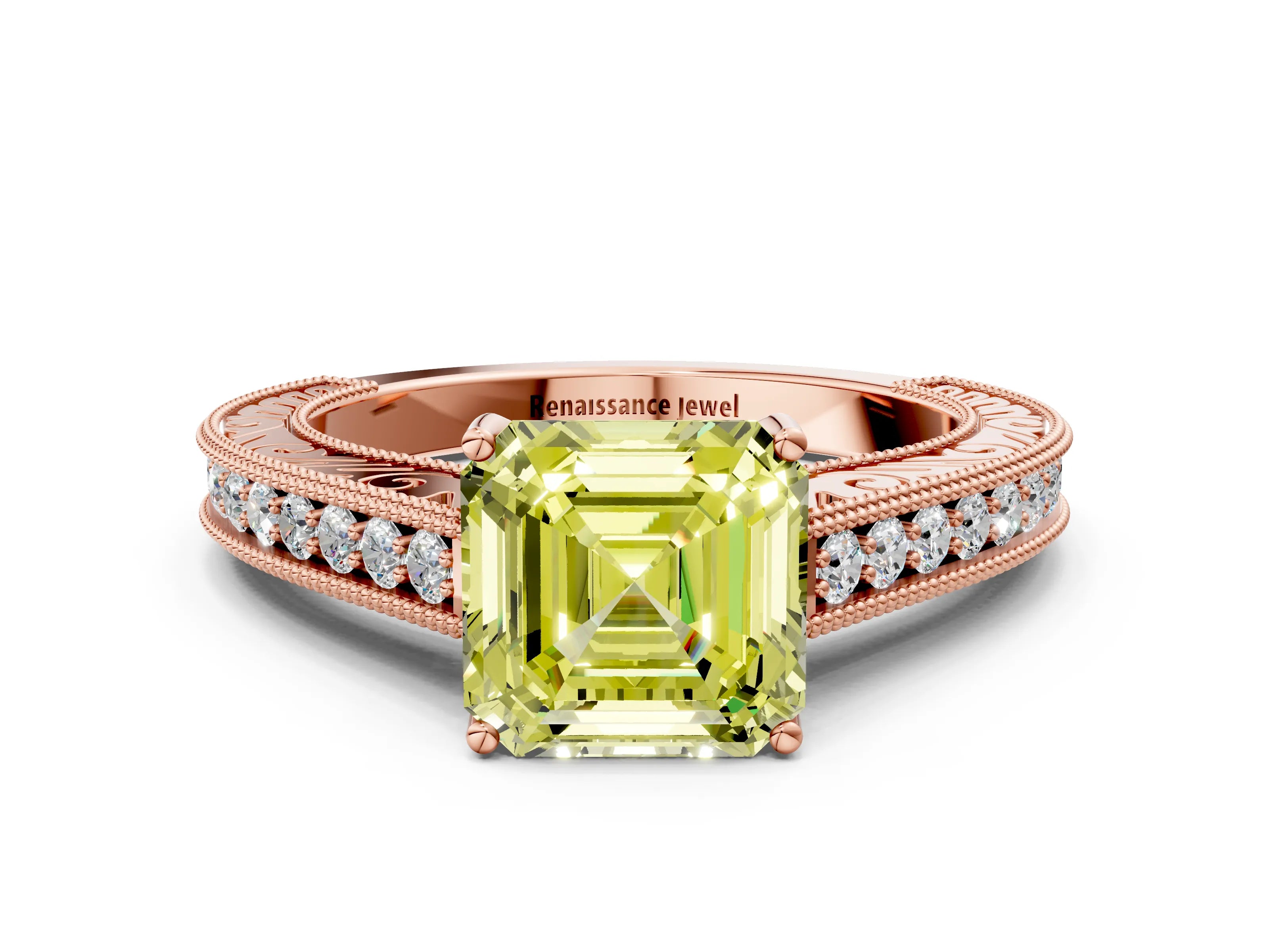 Rose gold Fancy Yellow Asscher Cut Cut Pave Band Milgrain Solitaire Ring