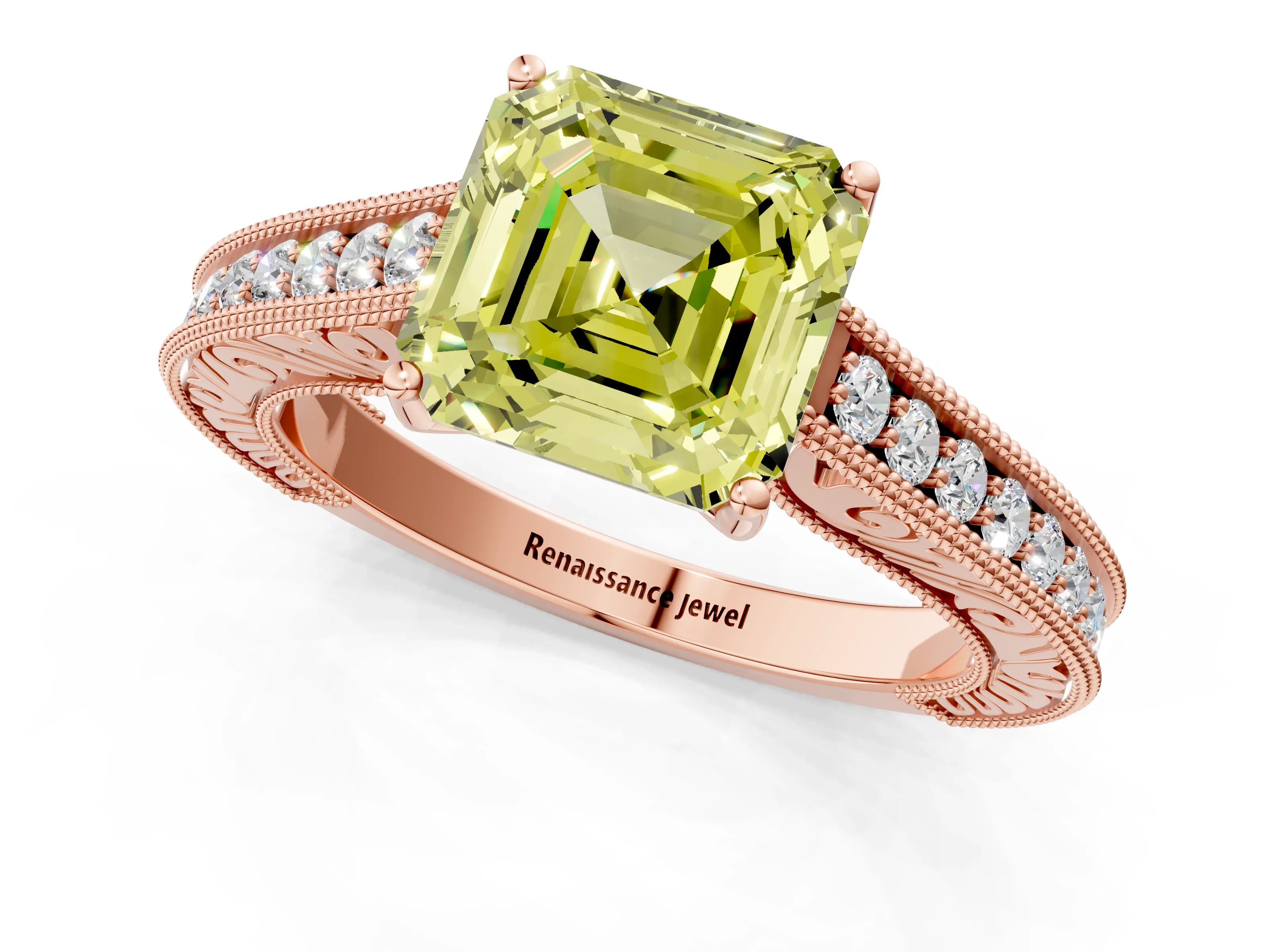 Rose gold Fancy Yellow Asscher Cut Cut Pave Band Milgrain Solitaire Ring_1