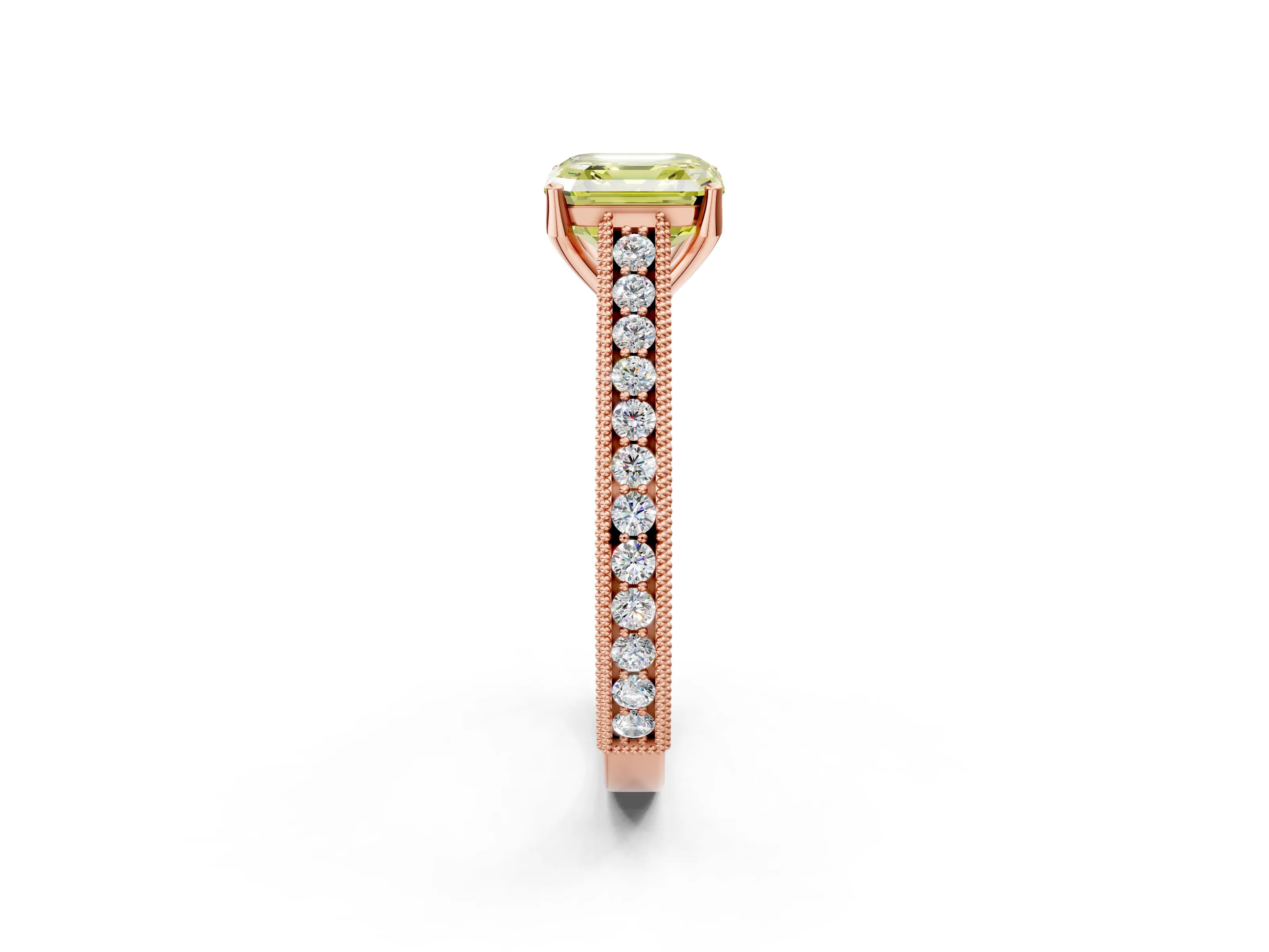 Rose gold Fancy Yellow Asscher Cut Cut Pave Band Milgrain Solitaire Ring_2