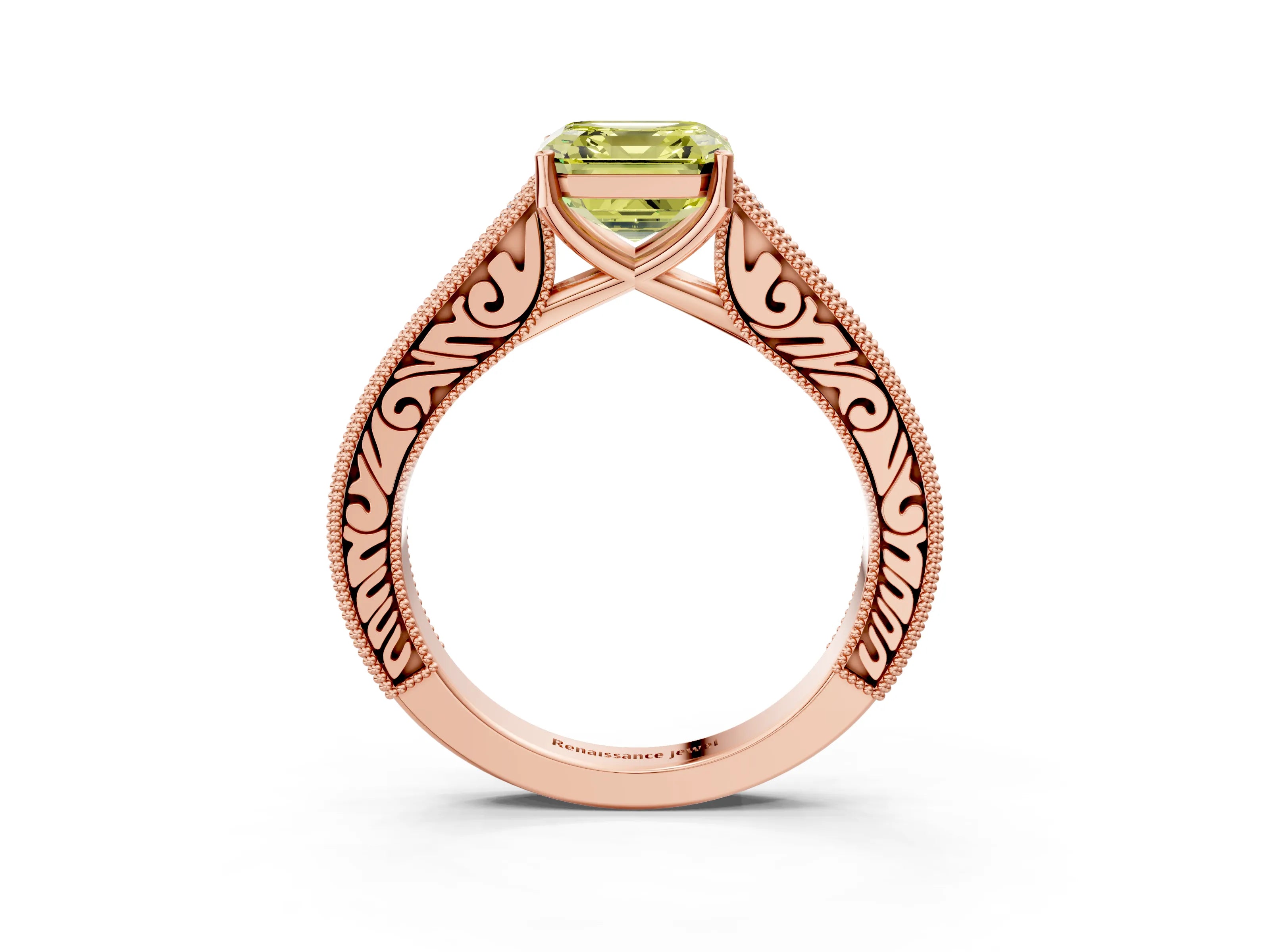 Rose gold Fancy Yellow Asscher Cut Cut Pave Band Milgrain Solitaire Ring_3