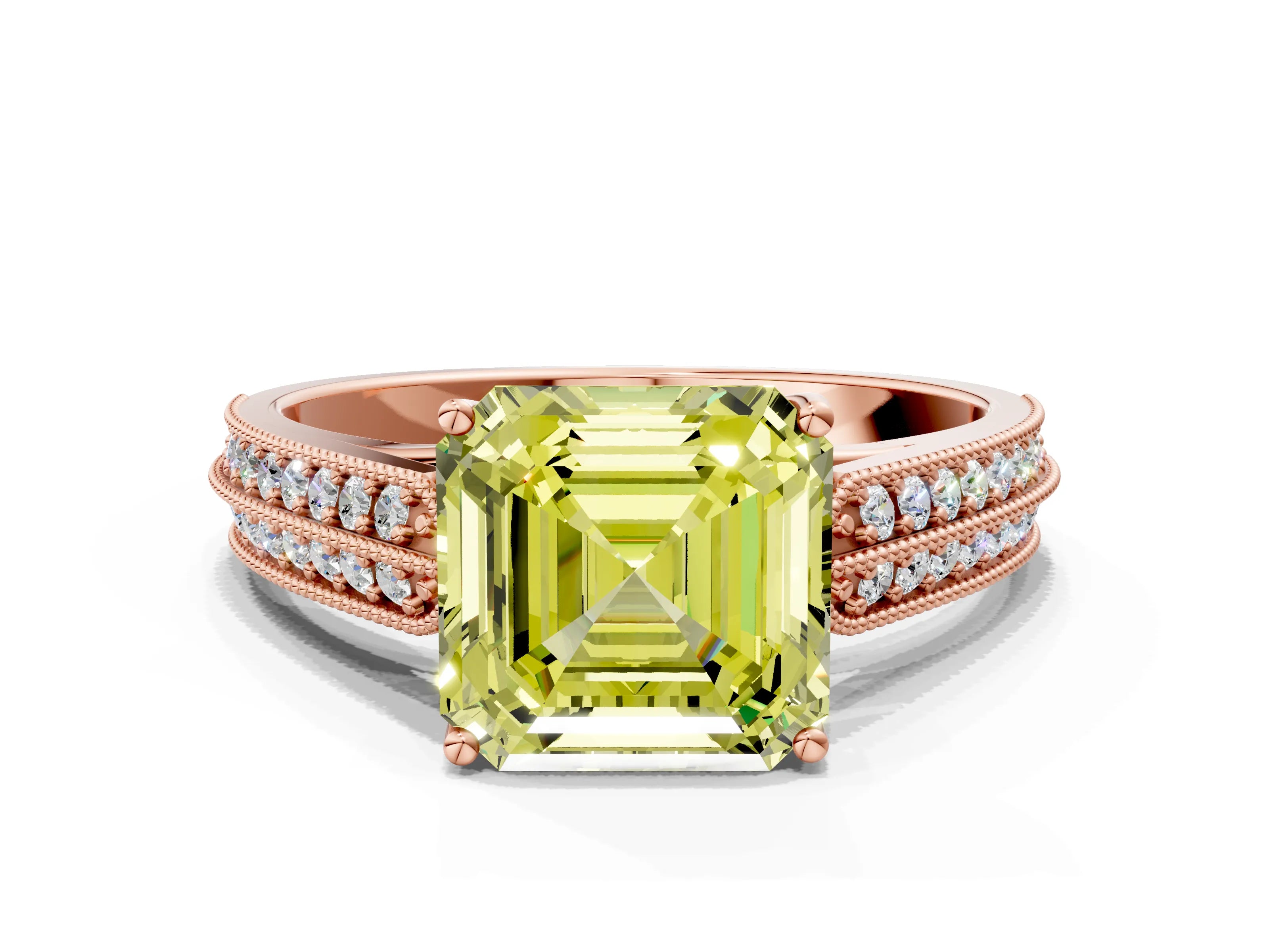 Rose gold Fancy Yellow Asscher Cut Cut Pave Split Shank Engagement Ring with Four-Prong Setting