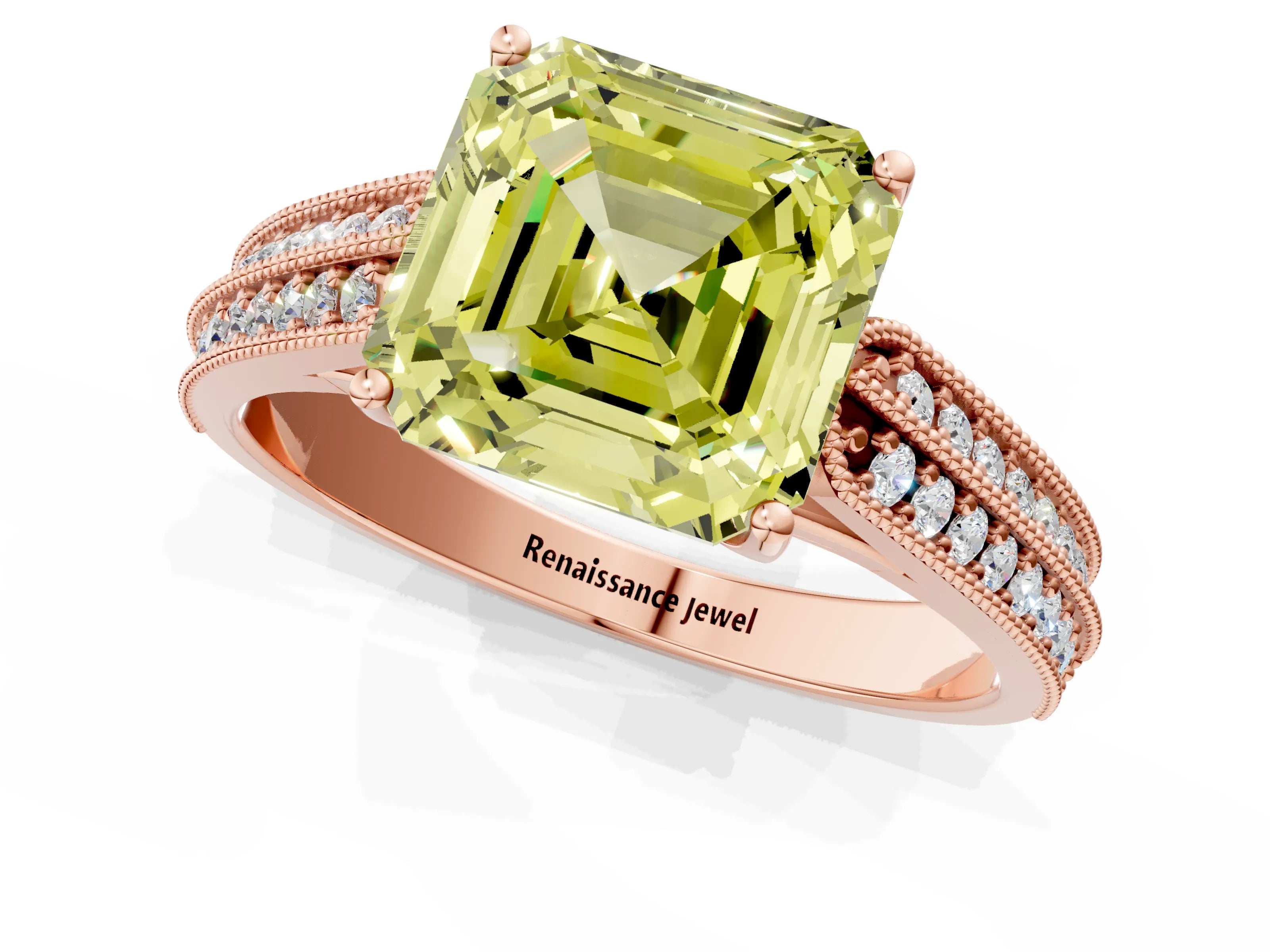 Rose gold Fancy Yellow Asscher Cut Cut Pave Split Shank Engagement Ring with Four-Prong Setting_1