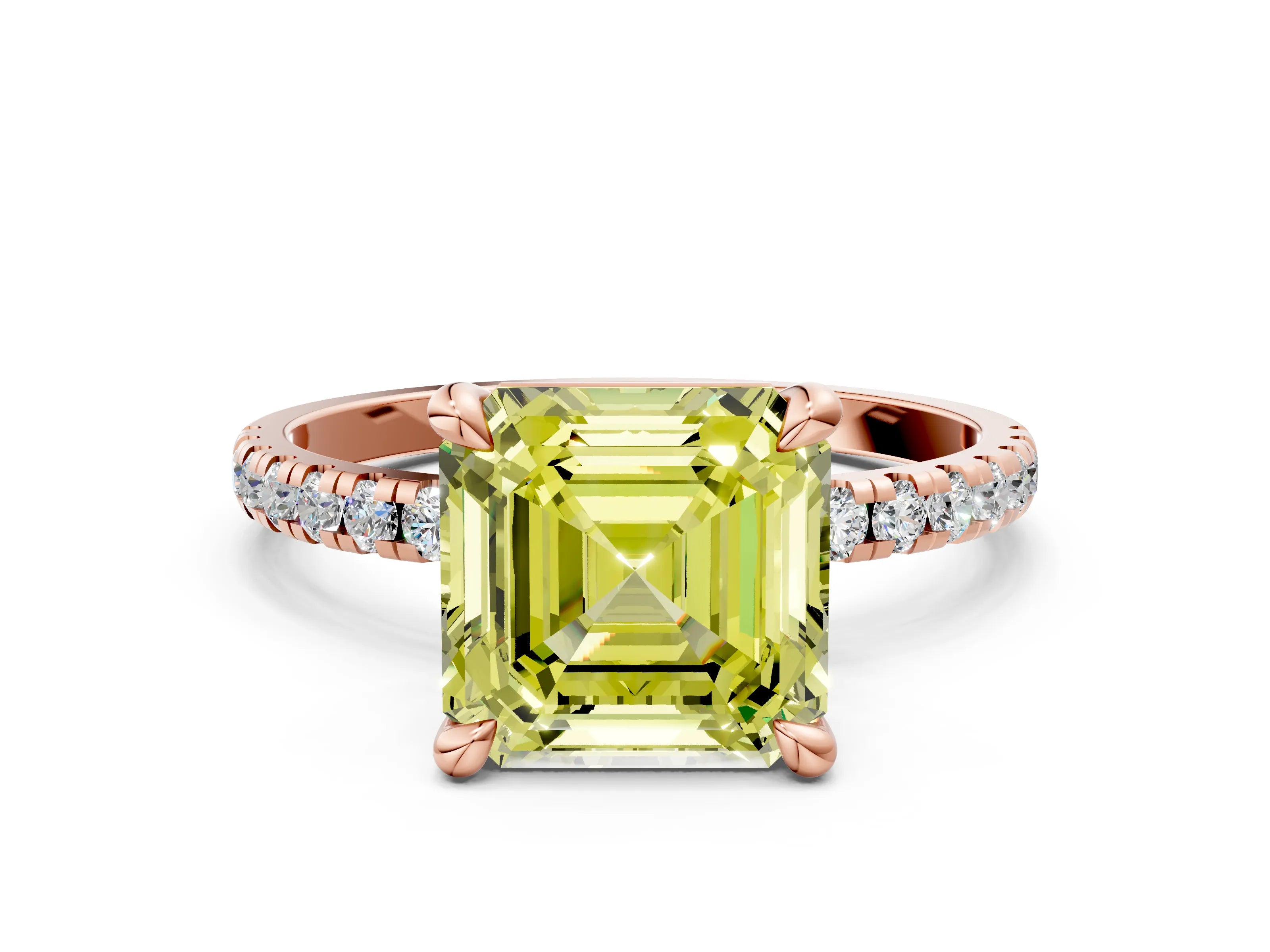 Rose gold Fancy Yellow Asscher Cut Diamond Brilliant Solitaire Ring with Pavé Band and Four-Prong Setting