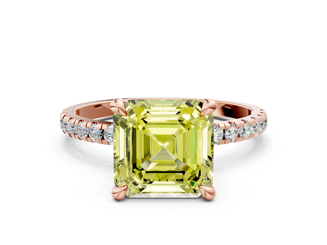 Rose gold Fancy Yellow Asscher Cut Diamond Brilliant Solitaire Ring with Pavé Band and Four-Prong Setting