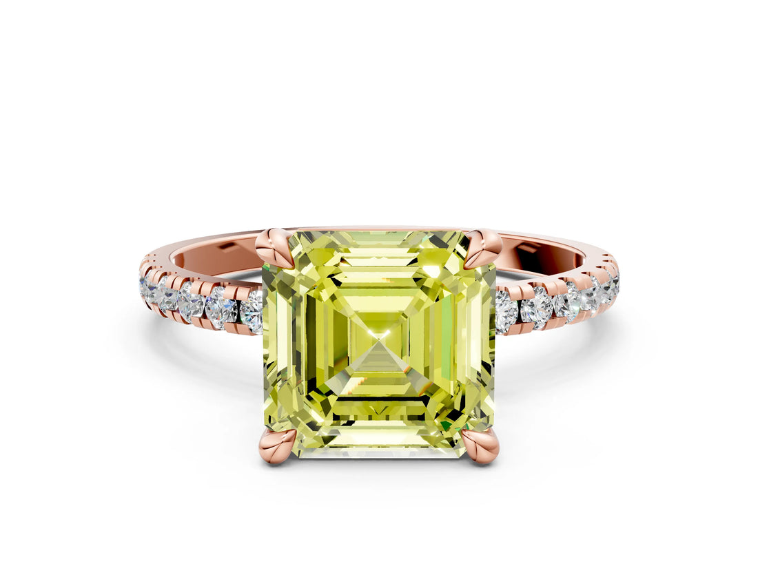 Rose gold Fancy Yellow Asscher Cut Diamond Brilliant Solitaire Ring with Pavé Band and Four-Prong Setting_12
