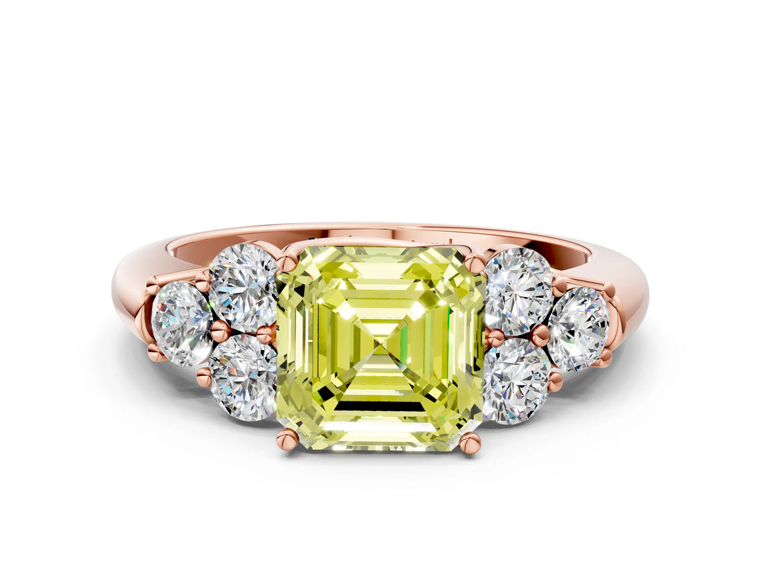 Rose gold Fancy Yellow Asscher  Cut Diamond Cluster Ring with Round Accent Stones and Prong Setting on a Classic Band_55