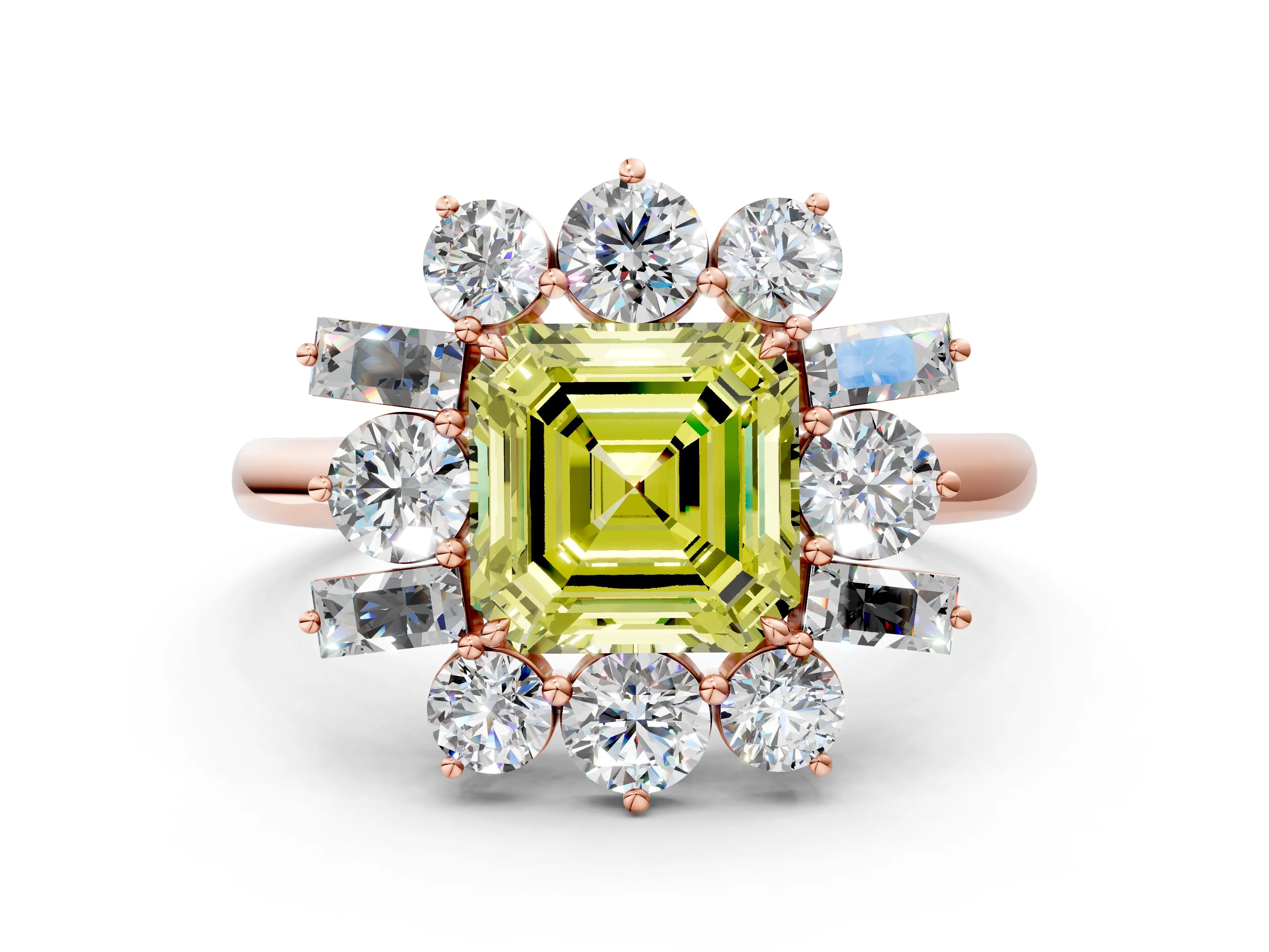 Rose gold Fancy Yellow Asscher Cut Diamond Cluster Ring with Round and Baguette Stones, Split Shank Band, Prong Setting