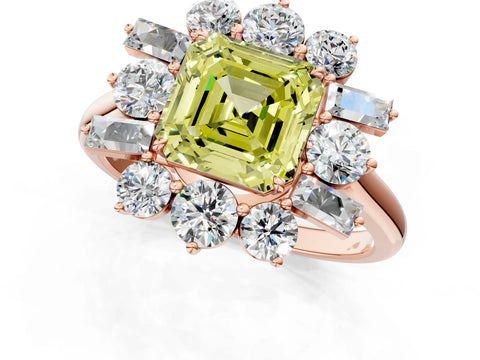 Rose gold Fancy Yellow Asscher Cut Diamond Cluster Ring with Round and Baguette Stones, Split Shank Band, Prong Setting_1