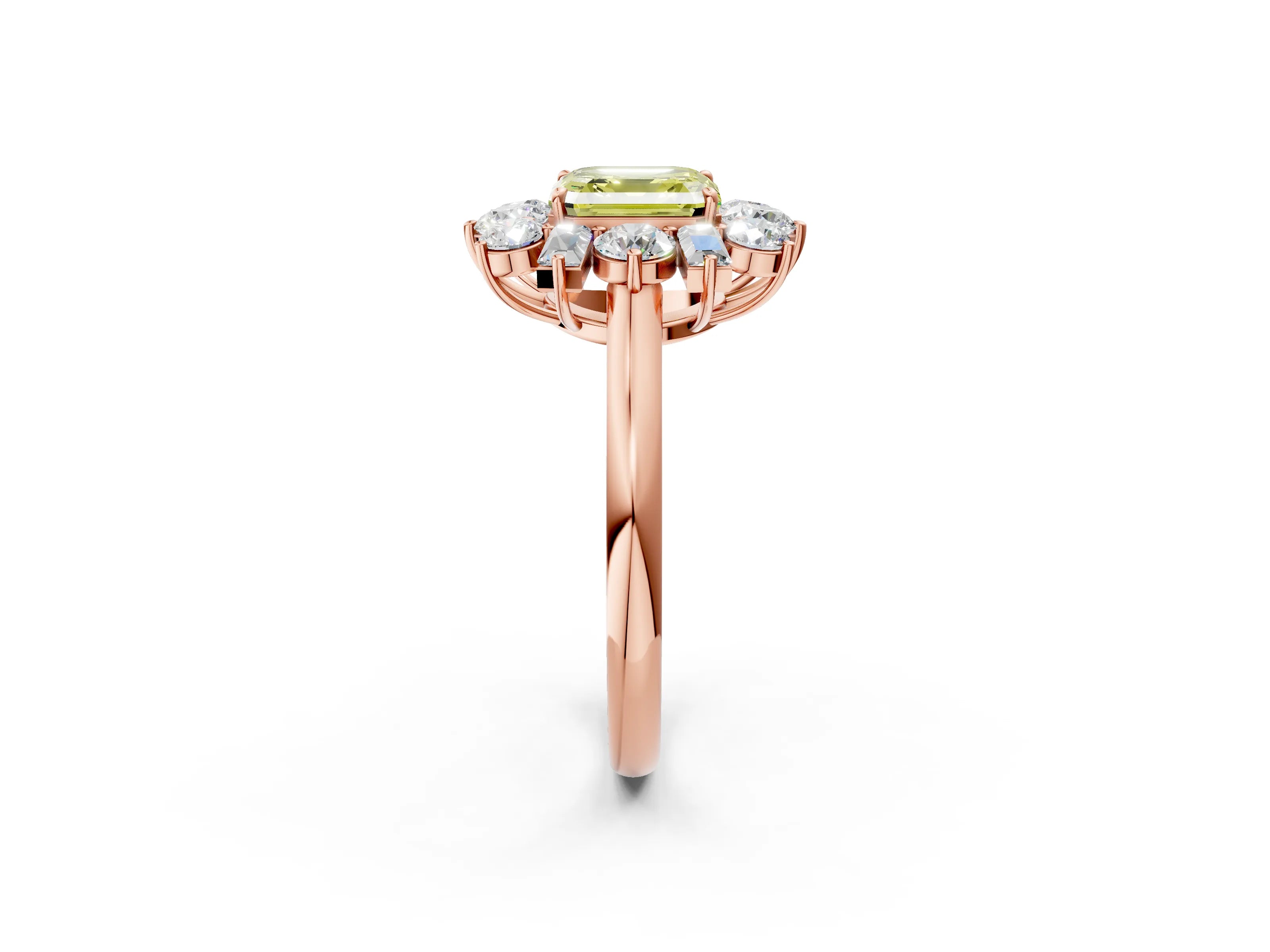 Rose gold Fancy Yellow Asscher Cut Diamond Cluster Ring with Round and Baguette Stones, Split Shank Band, Prong Setting_2