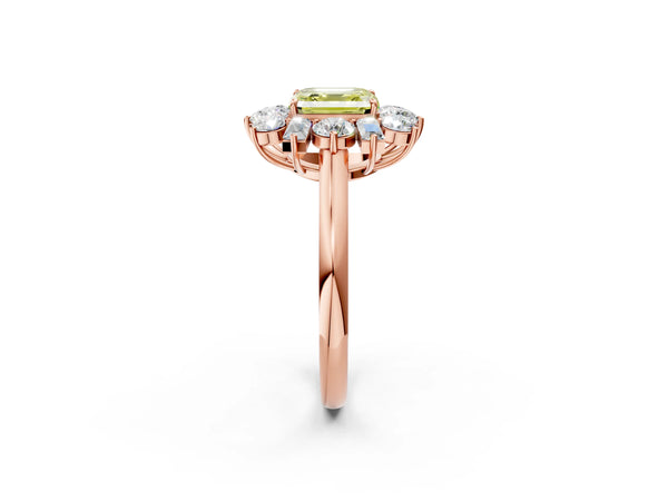 Rose gold Fancy Yellow Asscher Cut Diamond Cluster Ring with Round and Baguette Stones, Split Shank Band, Prong Setting