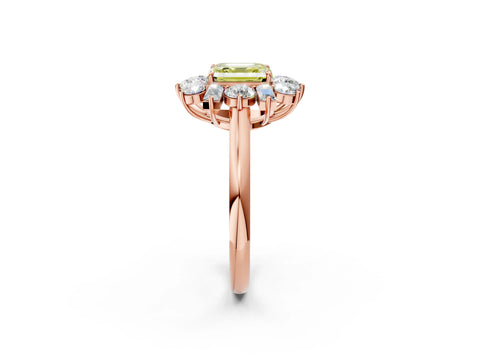 Rose gold Fancy Yellow Asscher Cut Diamond Cluster Ring with Round and Baguette Stones, Split Shank Band, Prong Setting_2