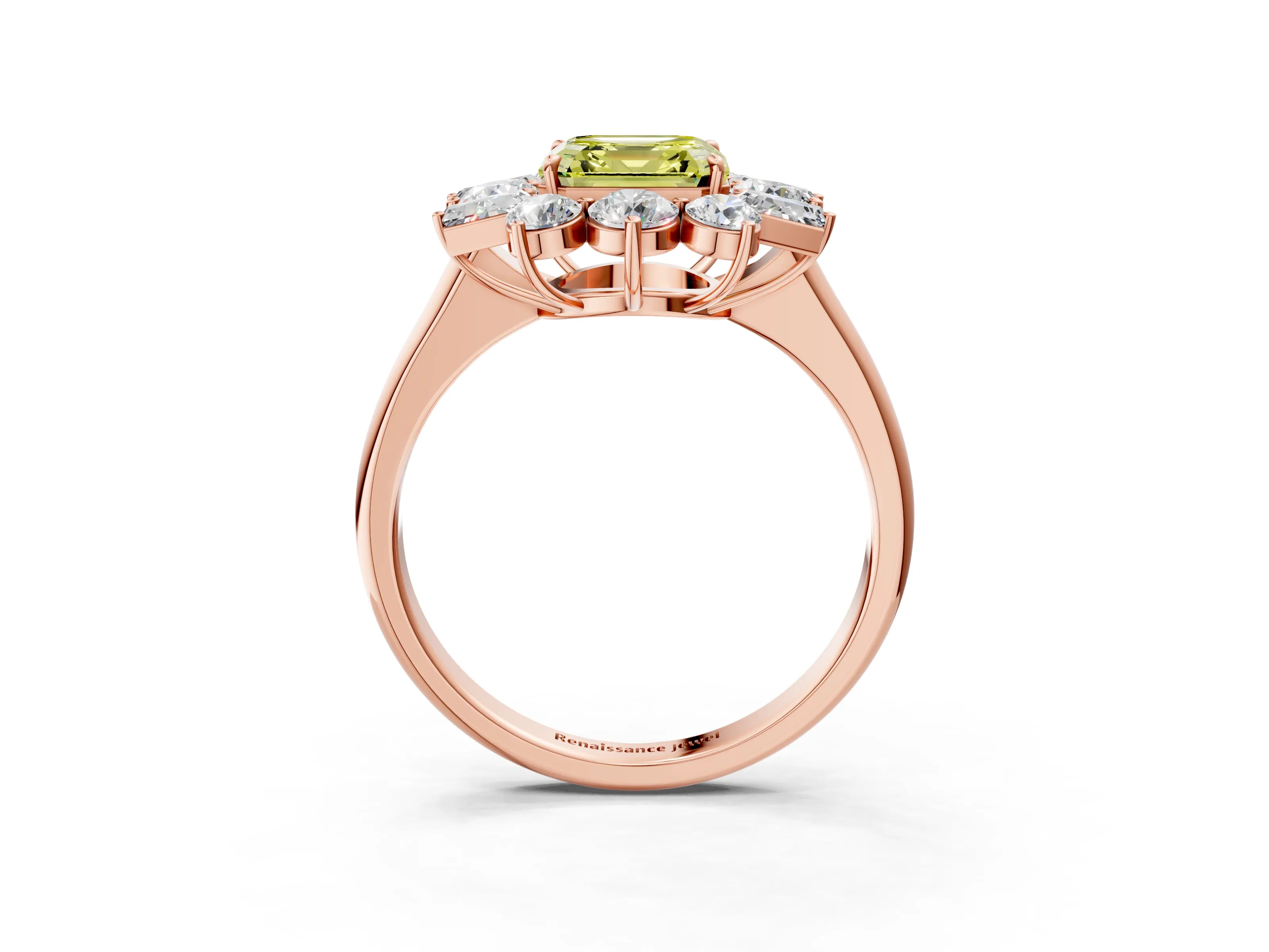 Rose gold Fancy Yellow Asscher Cut Diamond Cluster Ring with Round and Baguette Stones, Split Shank Band, Prong Setting_3