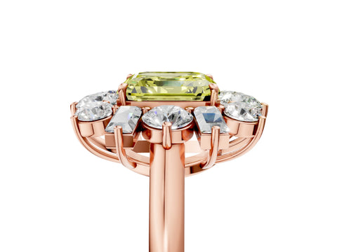 Rose gold Fancy Yellow Asscher Cut Diamond Cluster Ring with Round and Baguette Stones, Split Shank Band, Prong Setting_5