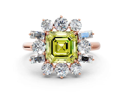 Rose gold Fancy Yellow Asscher Cut Diamond Cluster Ring with Round and Baguette Stones, Split Shank Band, Prong Setting