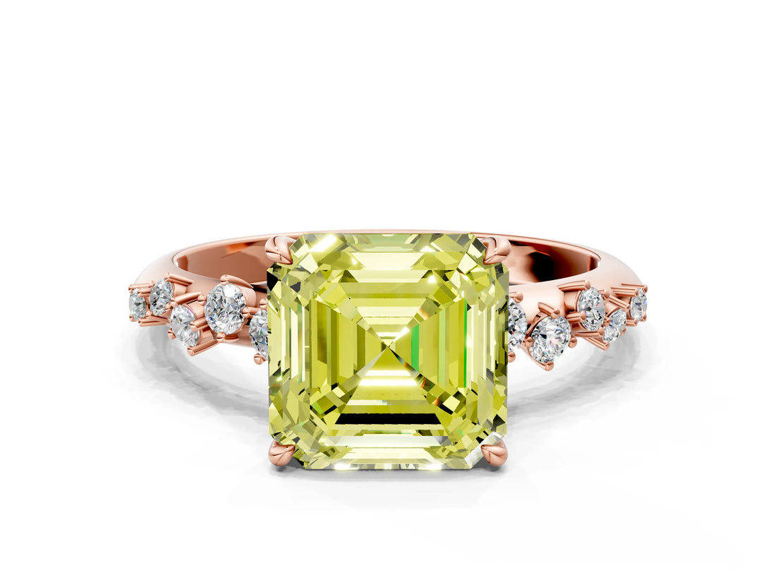 Rose gold Fancy Yellow Asscher Cut Diamond Cluster Side Stone Solitaire Ring with Prong Setting_104