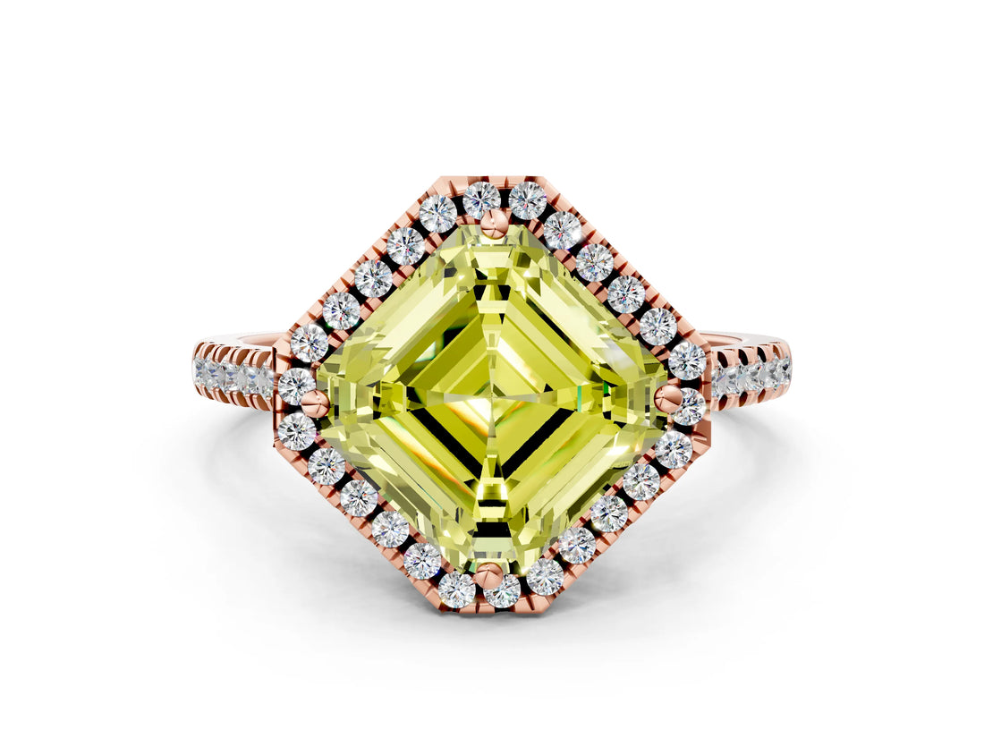 Rose gold Fancy Yellow Asscher Cut Diamond Cushion Halo Ring with Pavé Band
