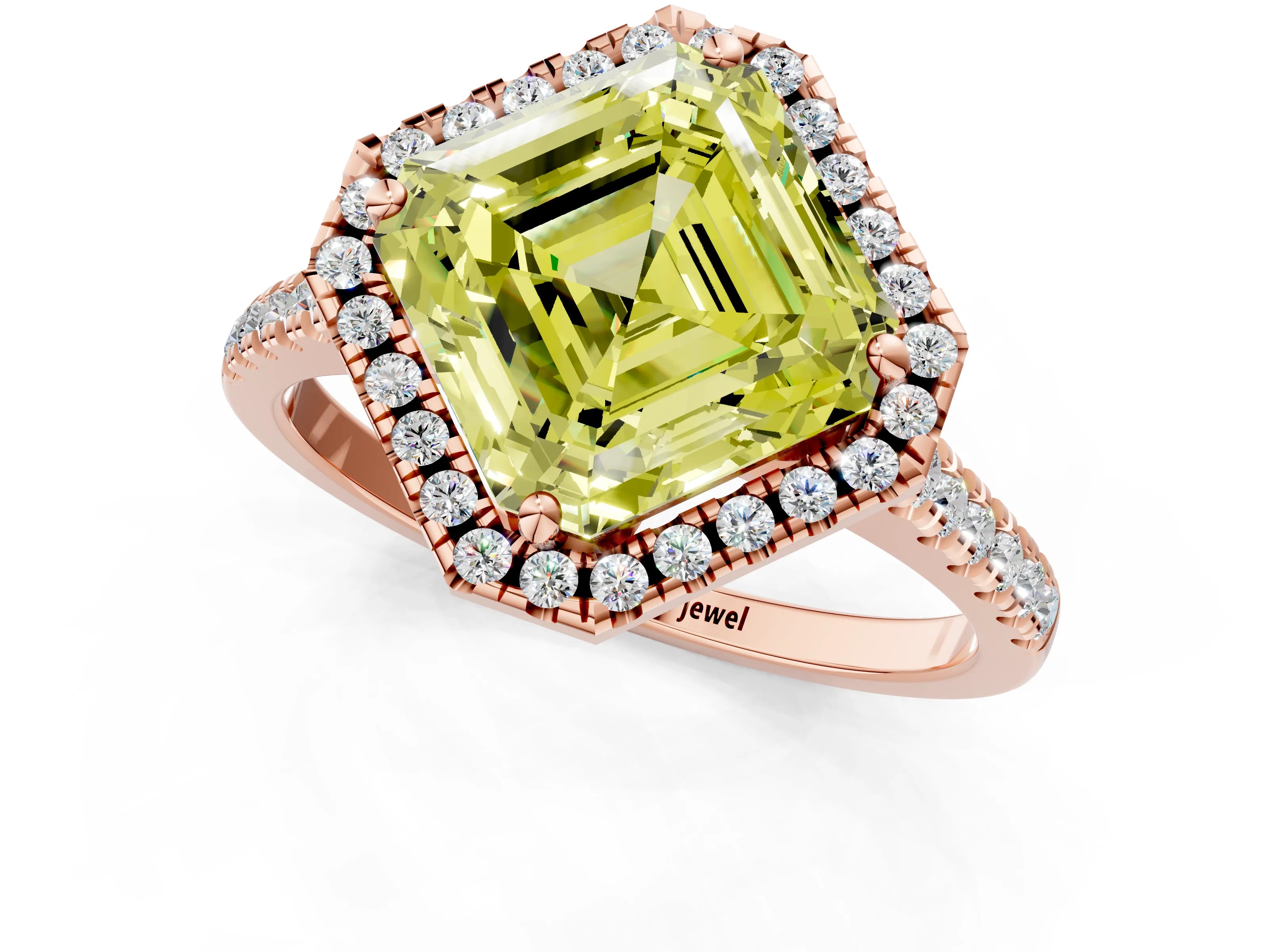 Rose gold Fancy Yellow Asscher Cut Diamond Cushion Halo Ring with Pavé Band_1