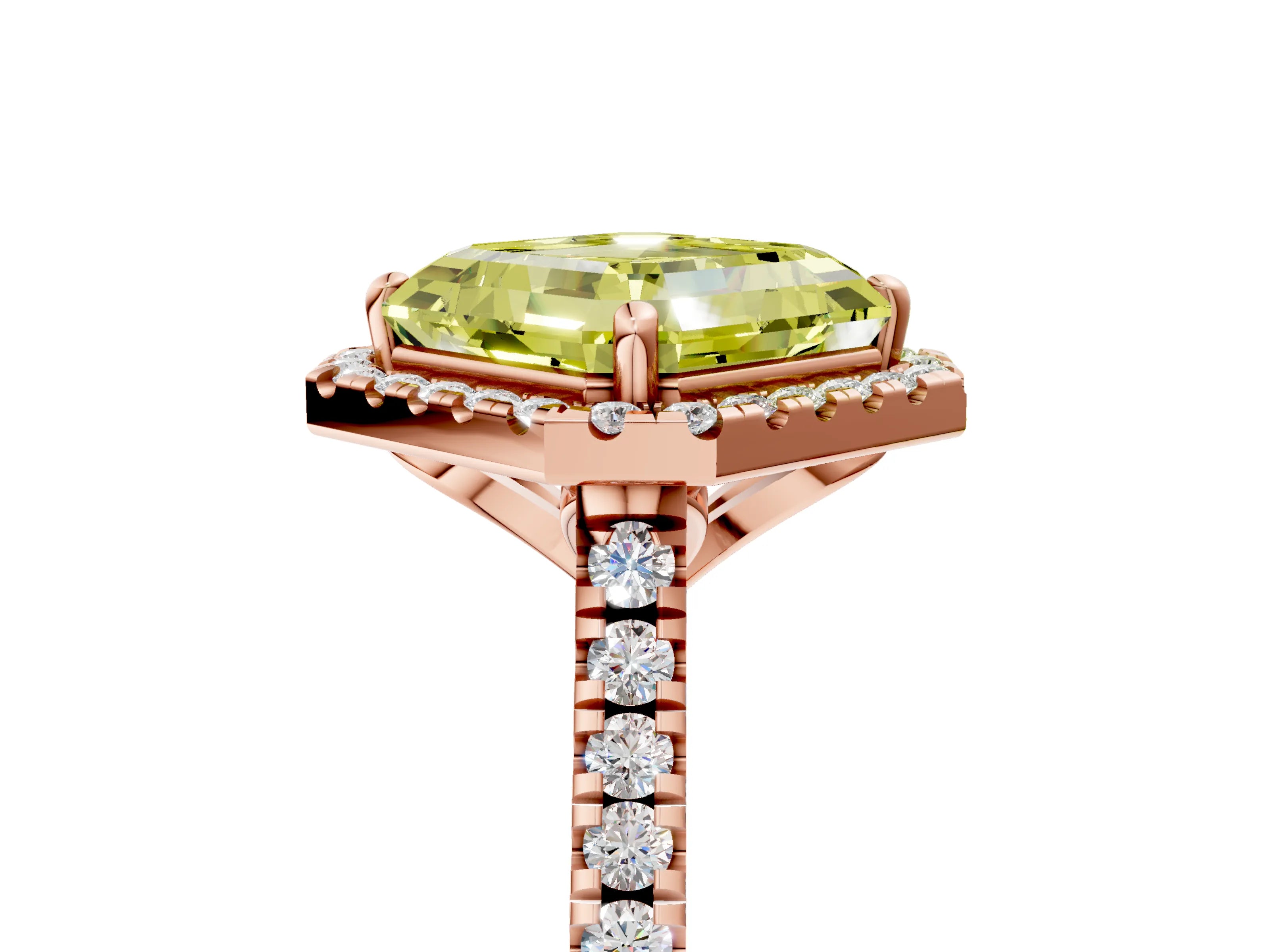 Rose gold Fancy Yellow Asscher Cut Diamond Cushion Halo Ring with Pavé Band_5