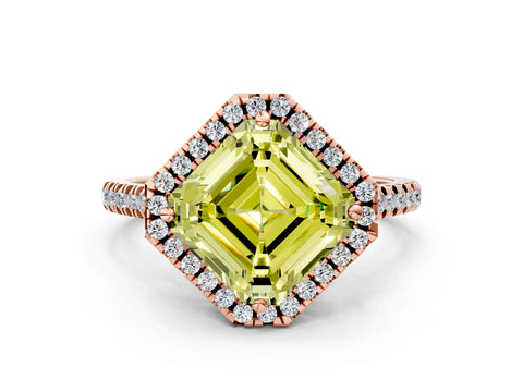 Rose gold Fancy Yellow Asscher Cut Diamond Cushion Halo Ring with Pavé Band
