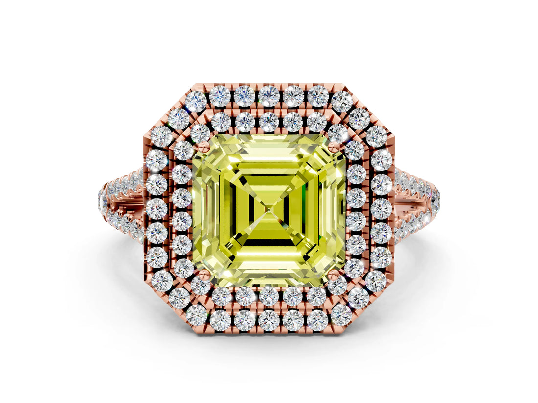 Rose gold Fancy Yellow Asscher Cut Diamond Double Halo Ring with Pavé Band and Prong Setting_17
