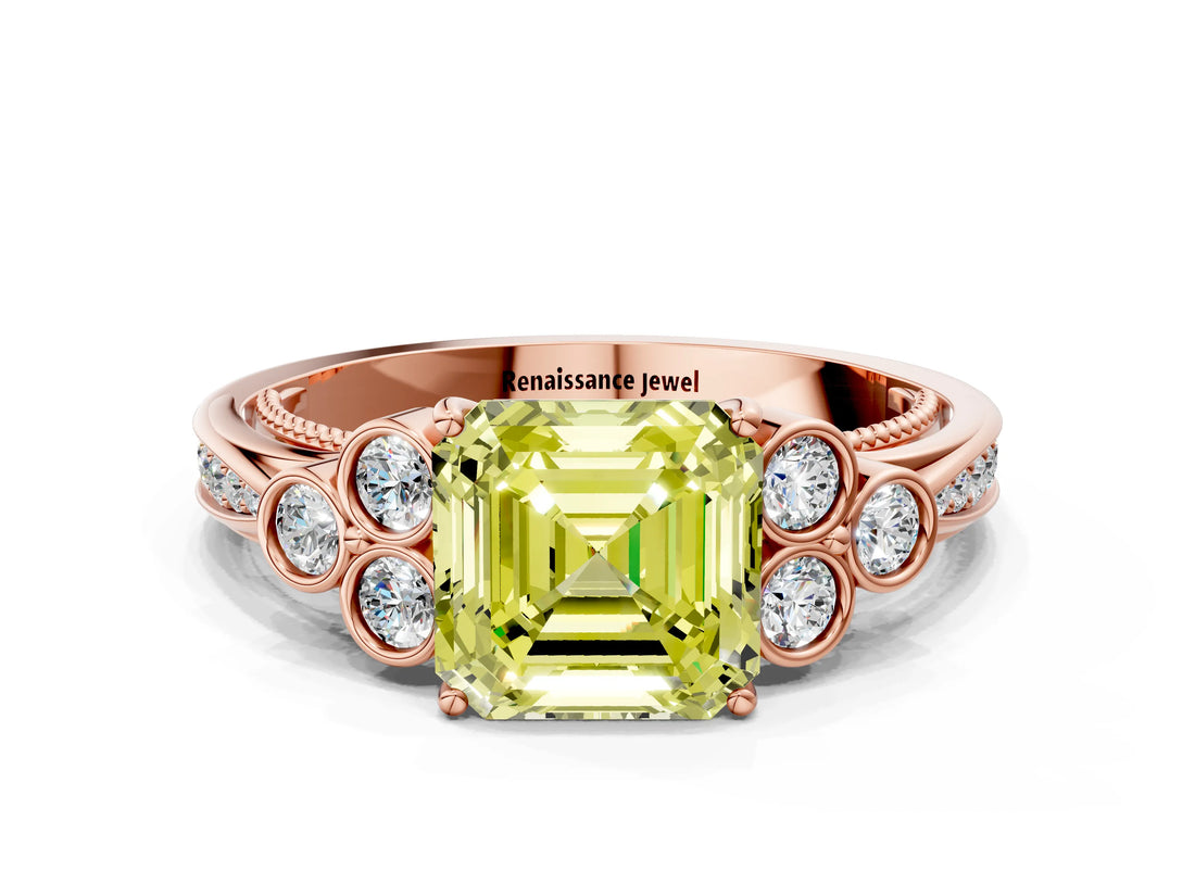 Rose gold Fancy Yellow Asscher  Cut Diamond Engagement Ring with Bezel Set Round Side Stones and Prong Setting_50