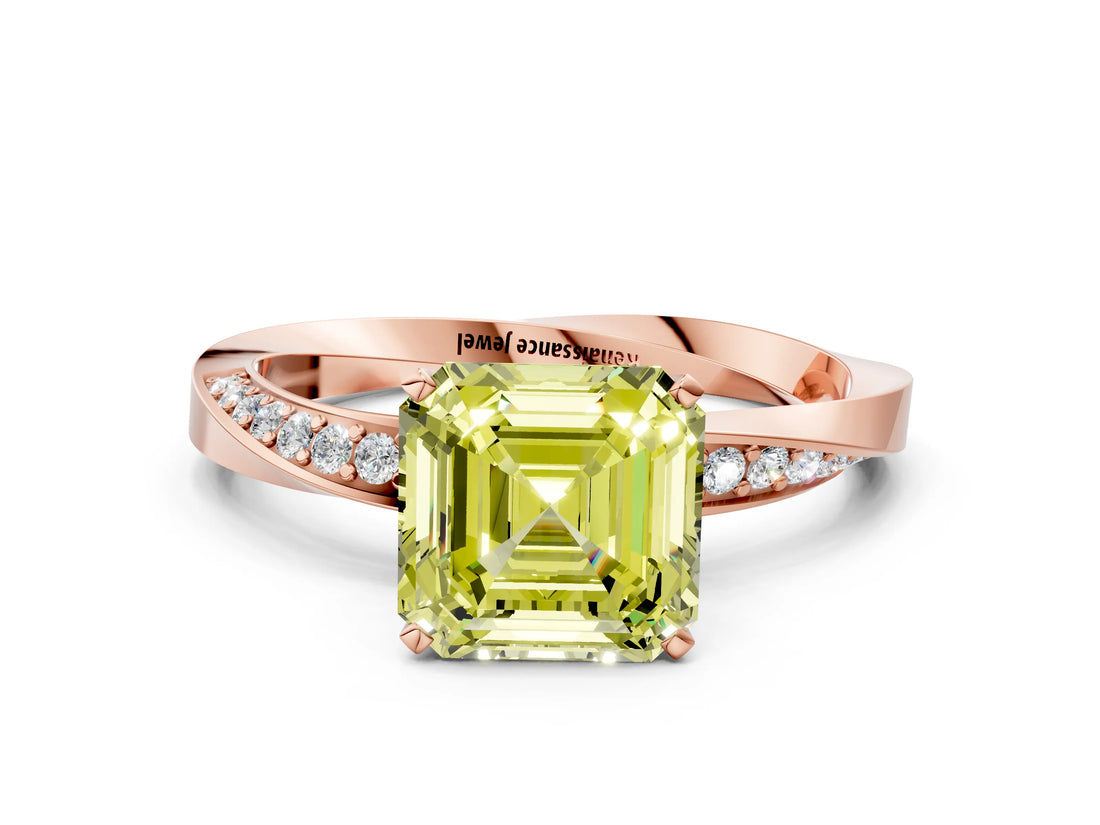 Rose gold Fancy Yellow Asscher Cut Diamond Engagement Ring with Side Stone Accents and Four-Prong Setting_12