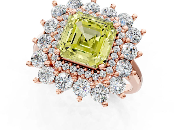 Rose Gold Asscher Cut Floral Double Halo Engagement Ring Setting for Fancy Yellow Center