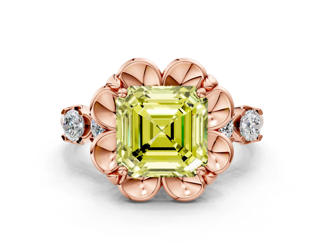 Rose gold Fancy Yellow Asscher  Cut Diamond Floral Halo Engagement Ring with Shared Prong Setting 1