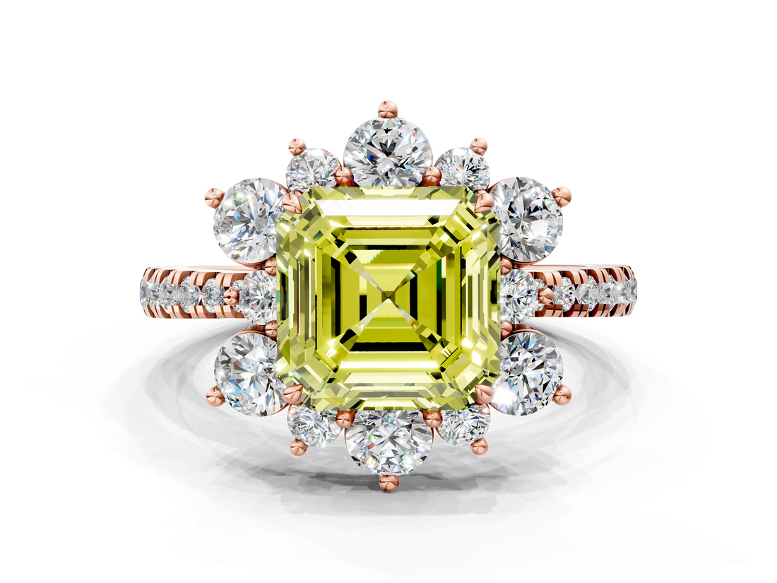 Rose gold Fancy Yellow Asscher  Cut Diamond Floral Halo Pave Band with Prong Setting