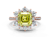 Rose gold Fancy Yellow Asscher  Cut Diamond Floral Halo Pave Band with Prong Setting