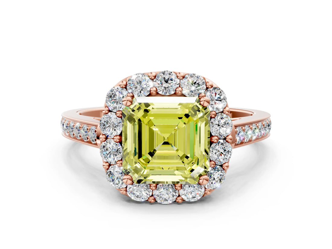 Rose gold Fancy Yellow Asscher Cut Diamond Floral Halo Ring with Pavé Band and Prong Setting_3