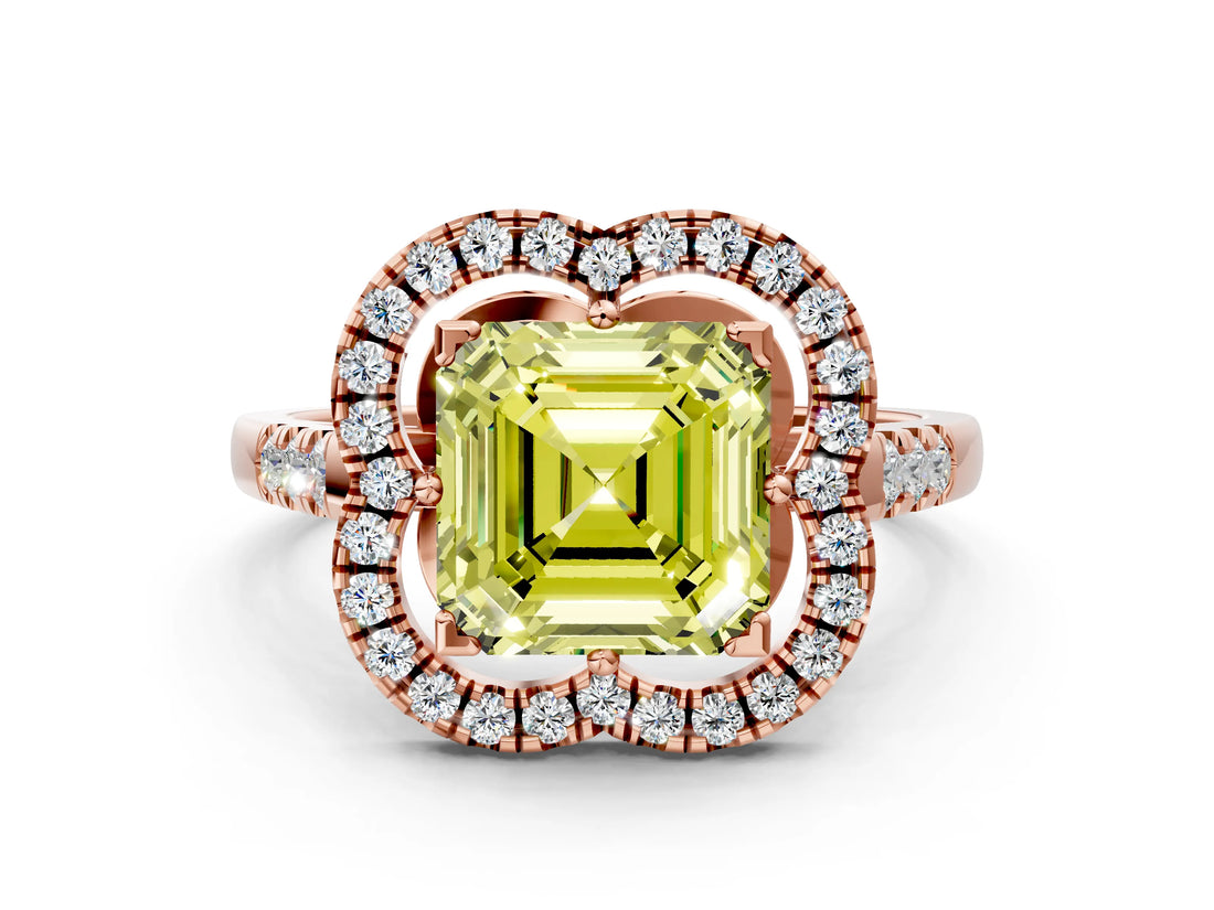 Rose gold Fancy Yellow Asscher Cut Diamond Floral Halo Split Shank Prong Setting Ring_12
