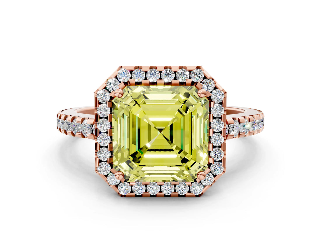 Rose gold Fancy Yellow Asscher Cut Diamond Halo Engagement Ring with Pavé Band and Prong Setting_27