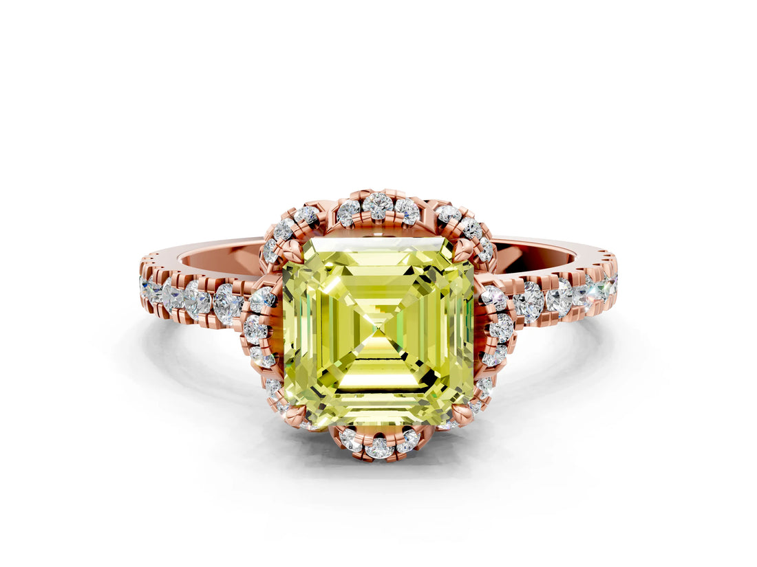Rose gold Fancy Yellow Asscher Cut Diamond Halo Pave Band with Four-Prong Setting_3