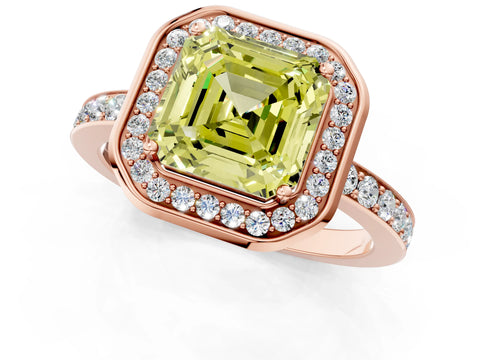 Rose gold Fancy Yellow Asscher Cut Diamond Halo Ring with Bezel Frame and Pavé Band_1