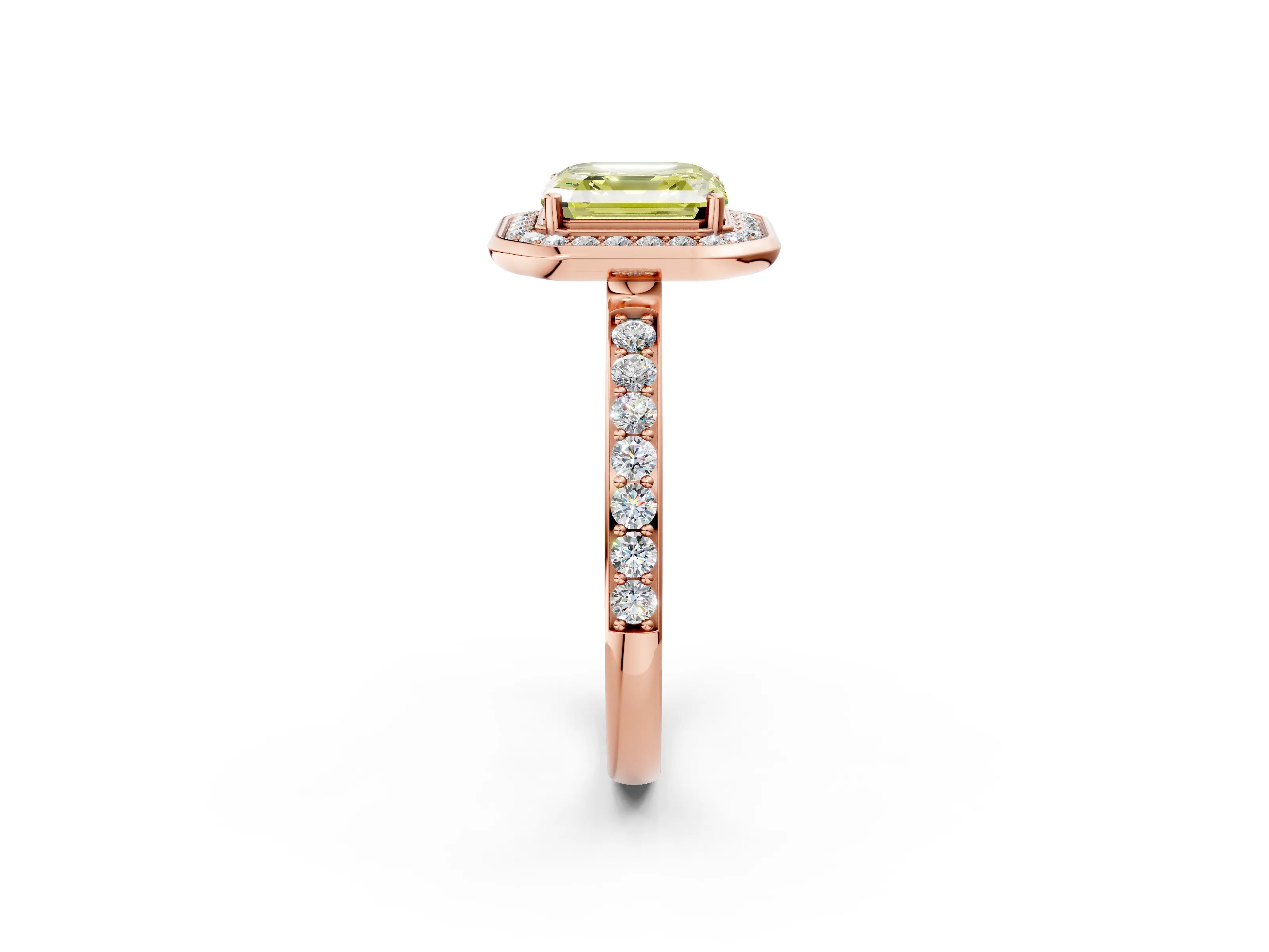 Rose gold Fancy Yellow Asscher Cut Diamond Halo Ring with Bezel Frame and Pavé Band_2