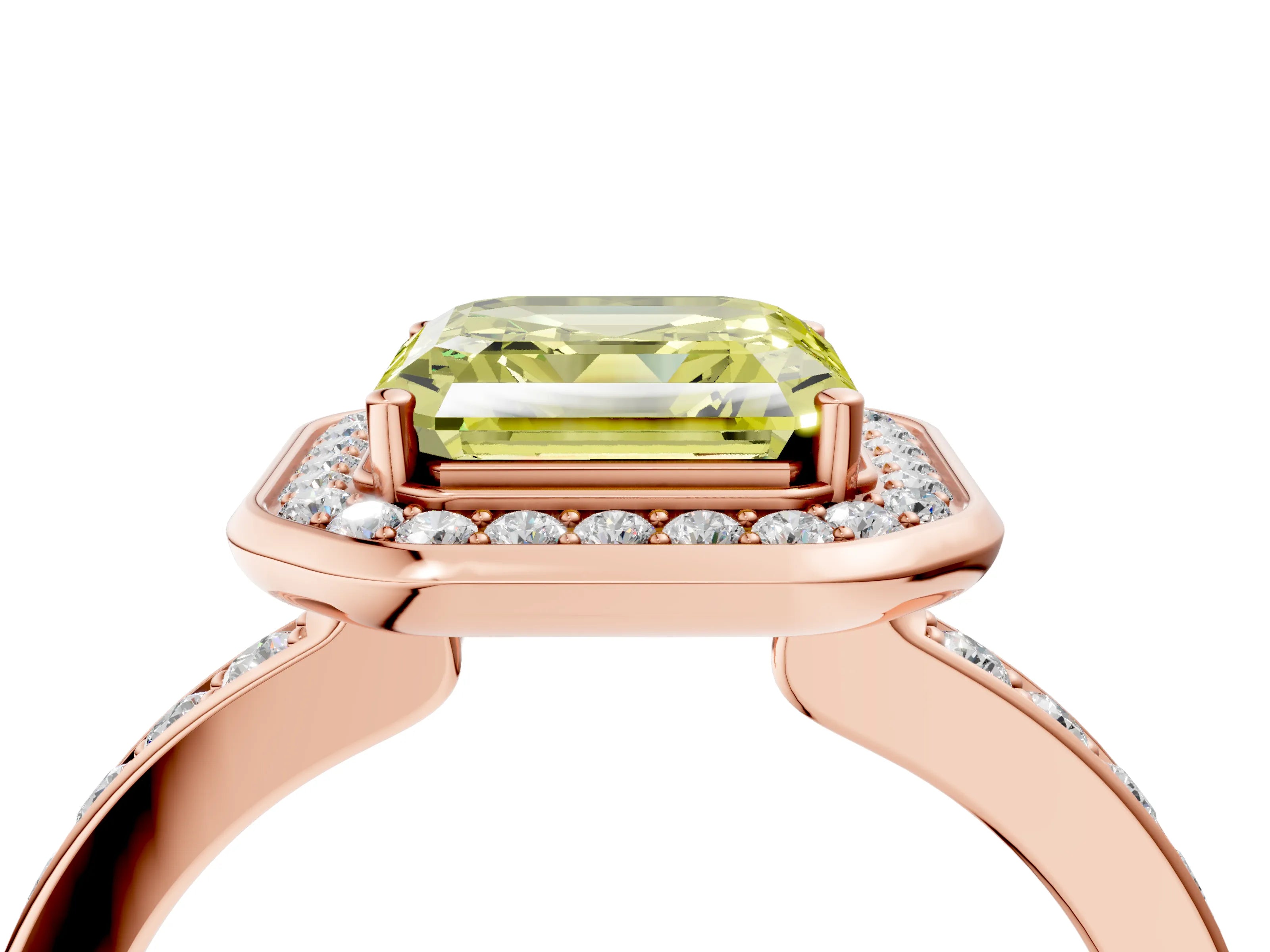 Rose gold Fancy Yellow Asscher Cut Diamond Halo Ring with Bezel Frame and Pavé Band_4
