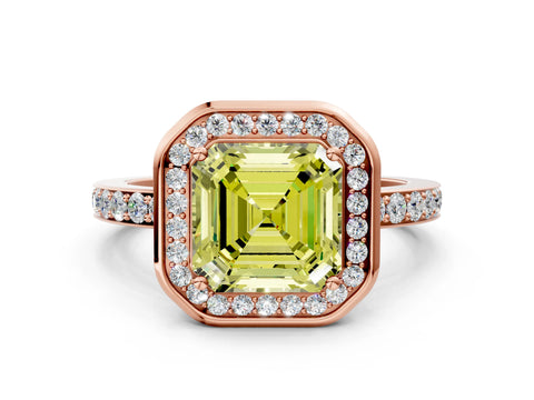Rose gold Fancy Yellow Asscher Cut Diamond Halo Ring with Bezel Frame and Pavé Band