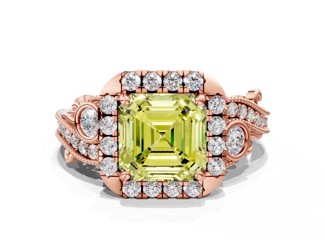 Rose gold Fancy Yellow Asscher Cut Diamond Halo Ring with Milgrain Pavé Band and Four-Prong Setting_146