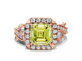 Rose gold Fancy Yellow Asscher Cut Diamond Halo Ring with Milgrain Pavé Band and Four-Prong Setting_146