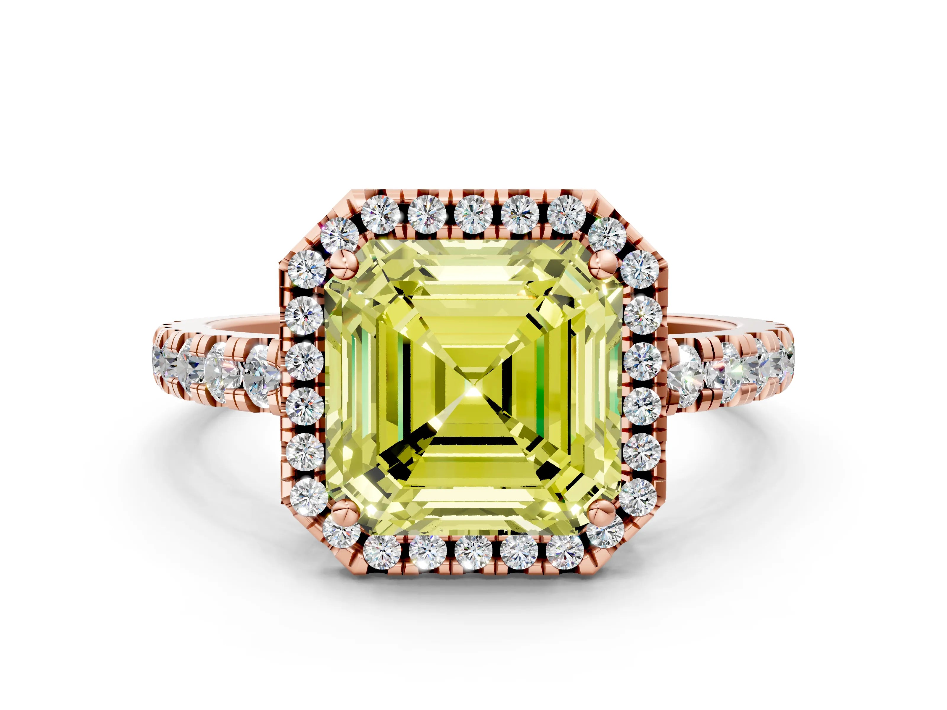 Rose gold Fancy Yellow Asscher Cut Diamond Halo Ring with Pavé Band and Four-Prong Setting