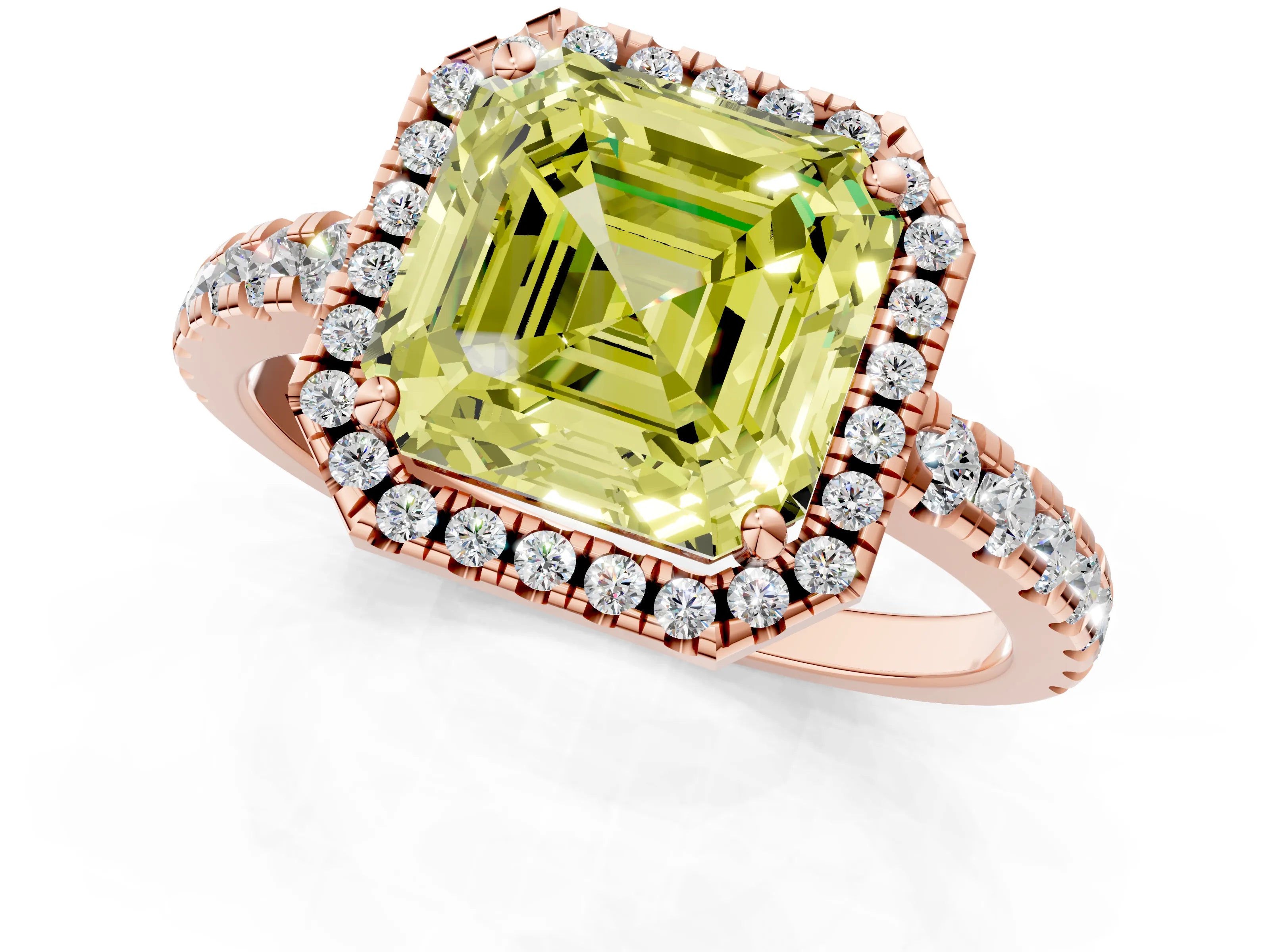Rose gold Fancy Yellow Asscher Cut Diamond Halo Ring with Pavé Band and Four-Prong Setting_1