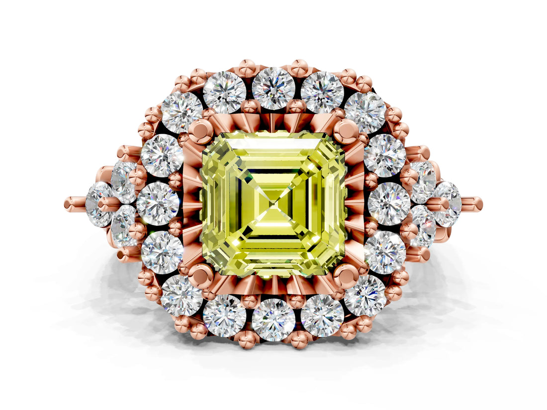Rose gold Fancy Yellow Asscher Cut Diamond Halo Ring with Pavé Band and Four-Prong Setting_17