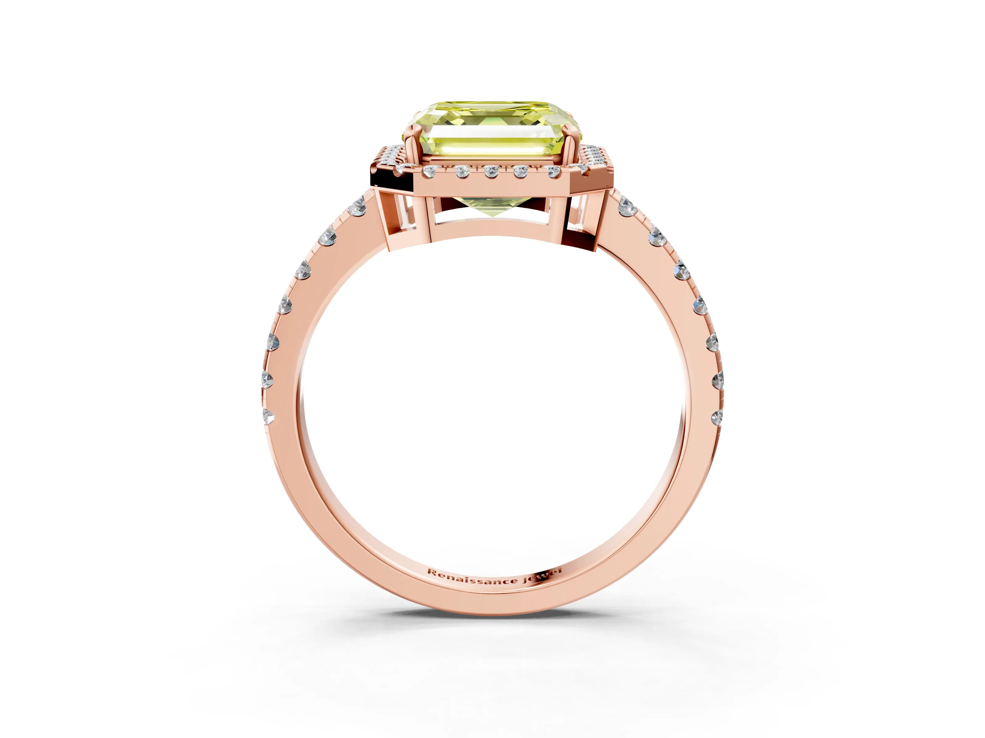 Rose gold Fancy Yellow Asscher Cut Diamond Halo Ring with Pavé Band and Four-Prong Setting_3