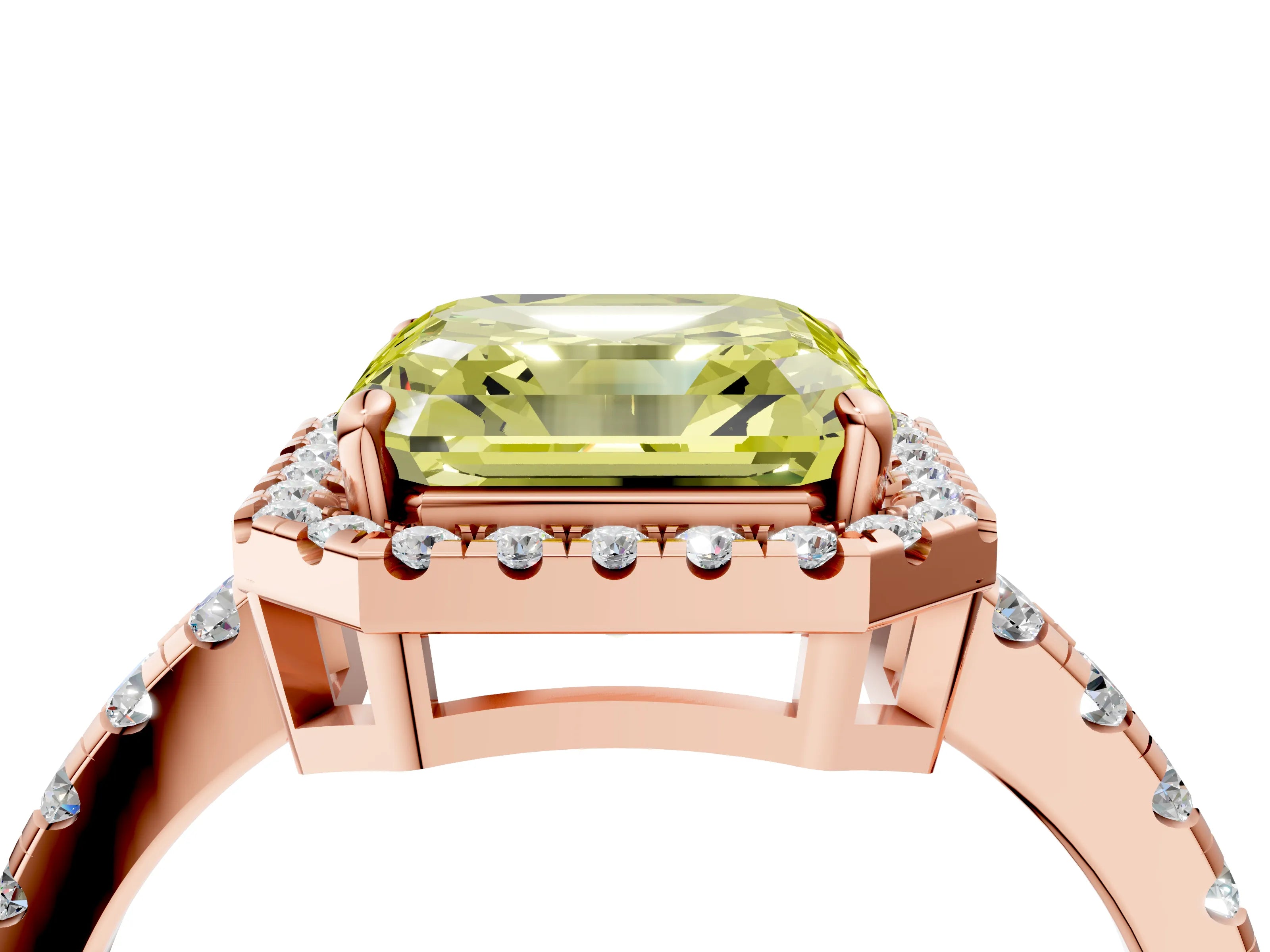 Rose gold Fancy Yellow Asscher Cut Diamond Halo Ring with Pavé Band and Four-Prong Setting_4